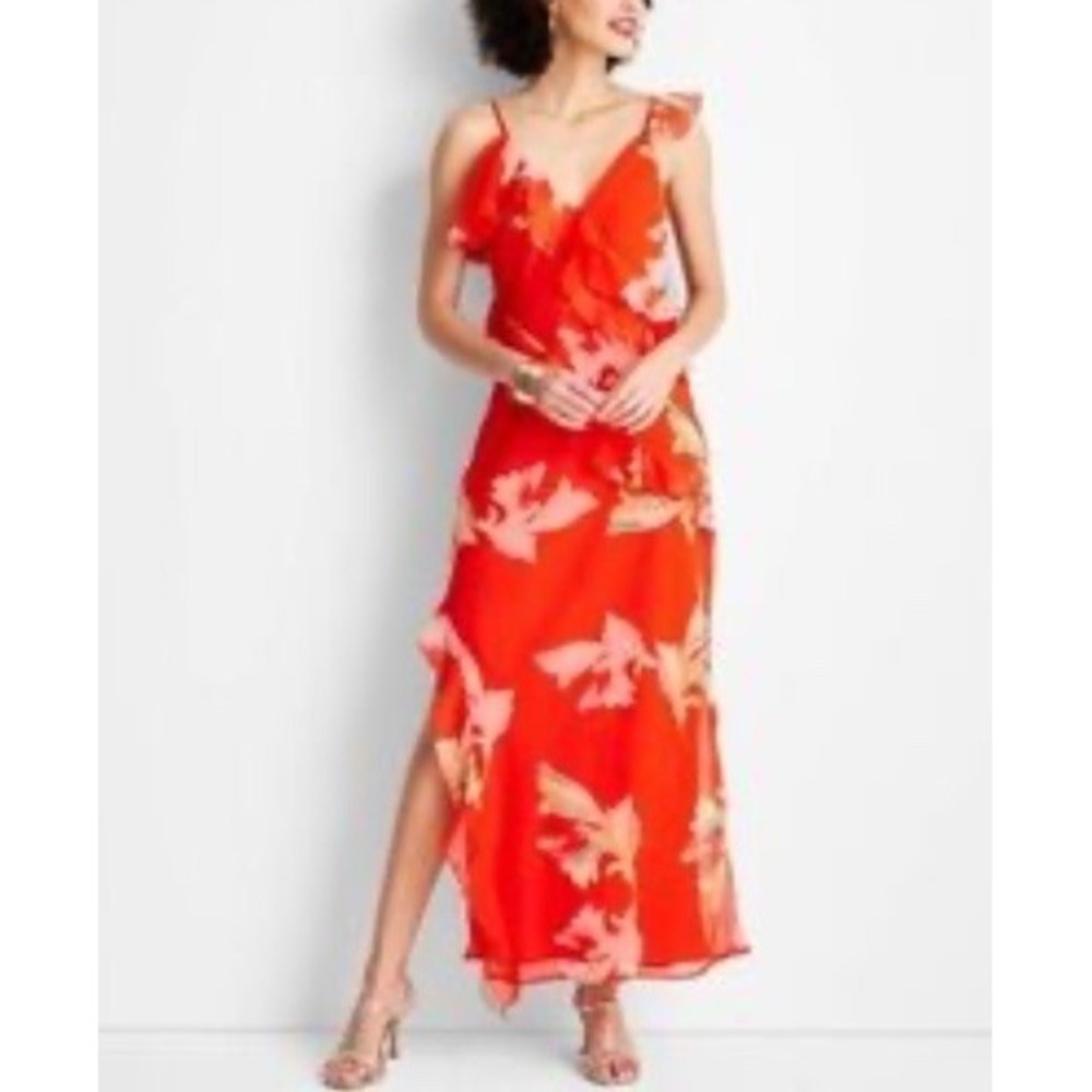 Future Collective Floral Maxi Dress Sz M Orange-Red Ruffles Slit Asymmetric Boho